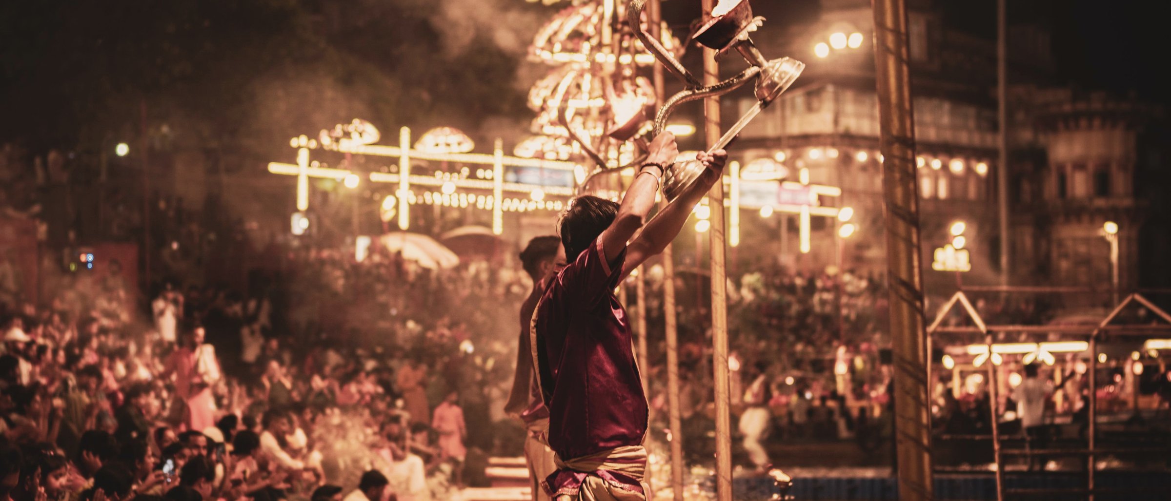 Priests performing the Ganga aarti at night