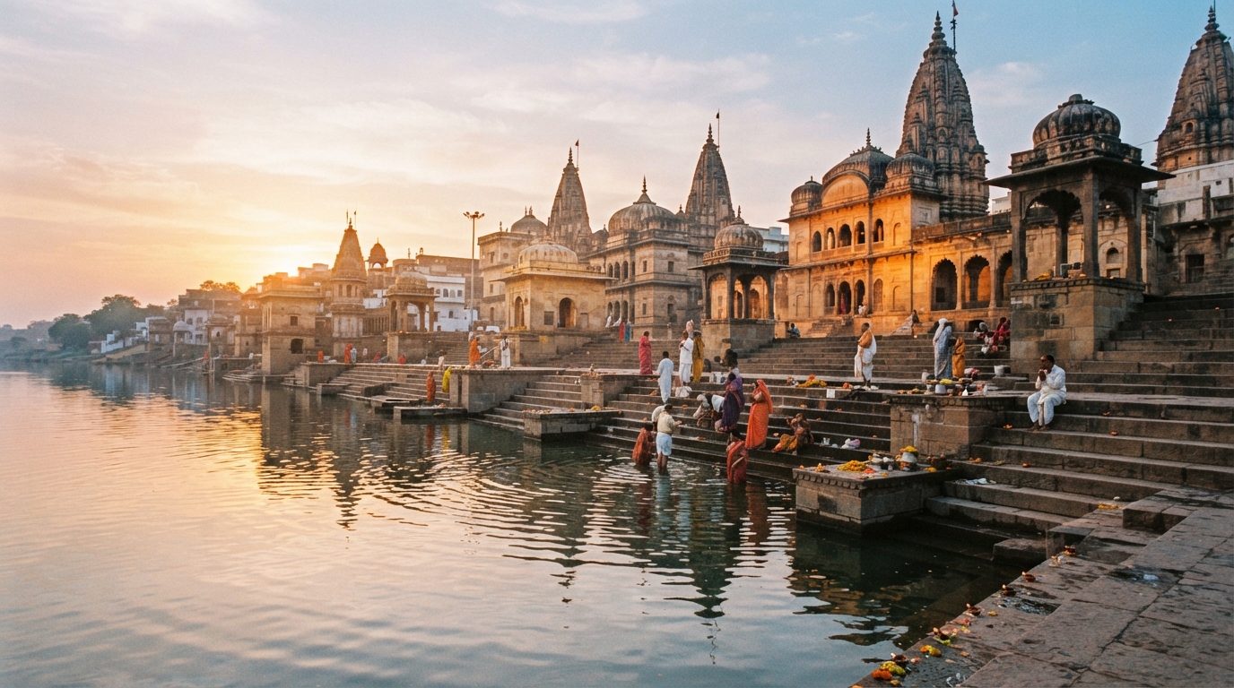 People making offerings on the steps of a river ghat
